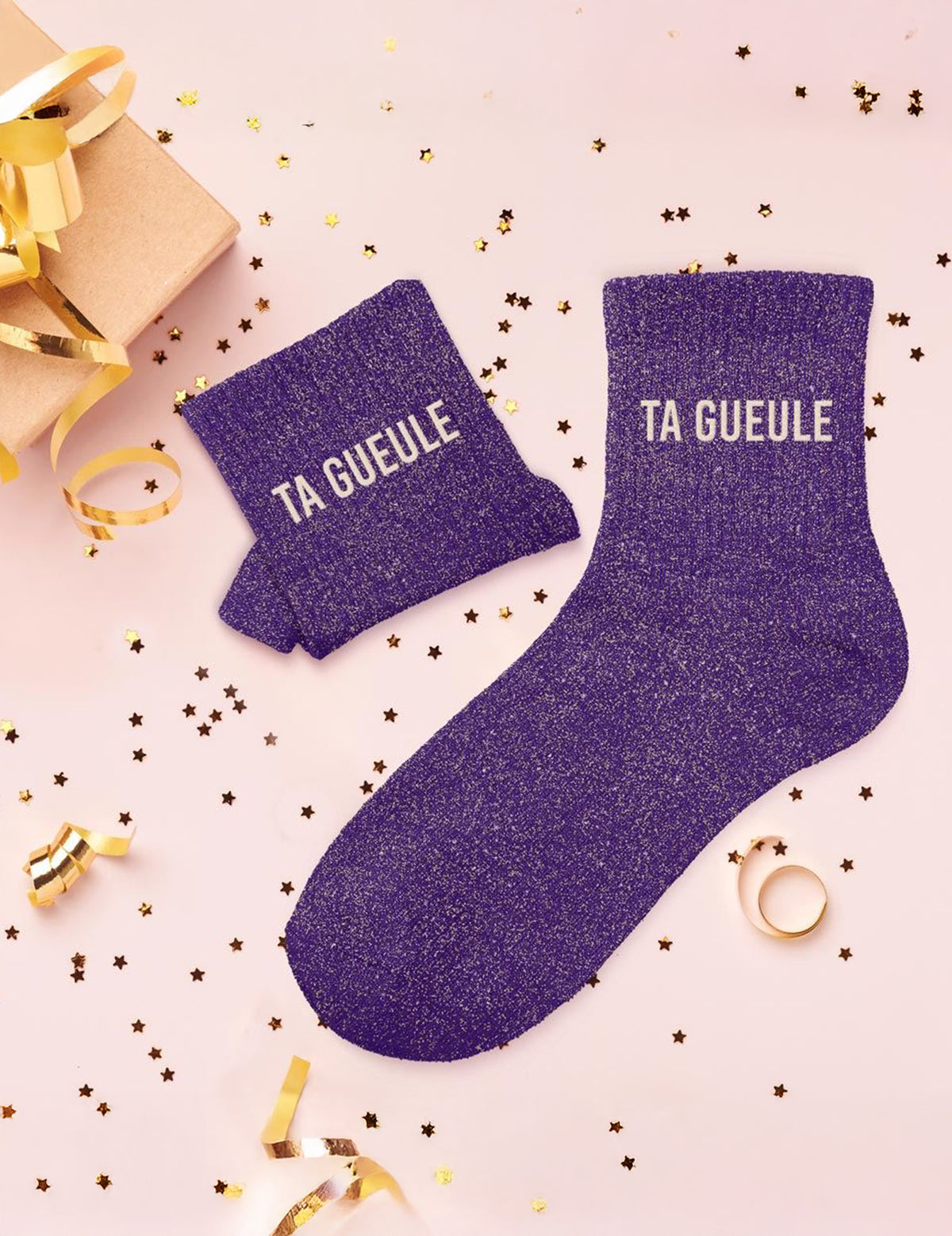Vue d'ensemble à plat des chaussettes à paillettes Ta gueule pour femme