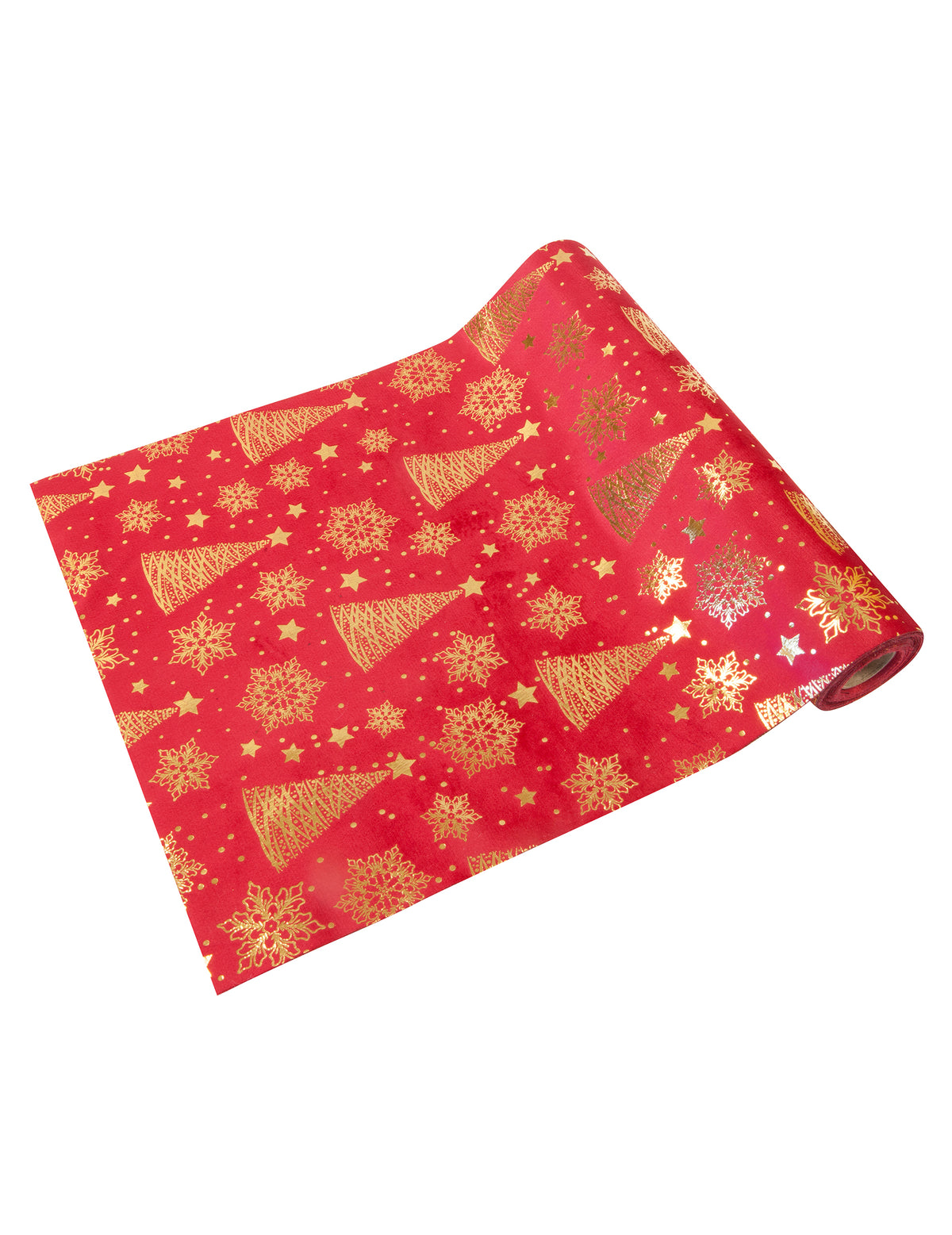 Chemin de table sapin doré pour Noël rouge en velours