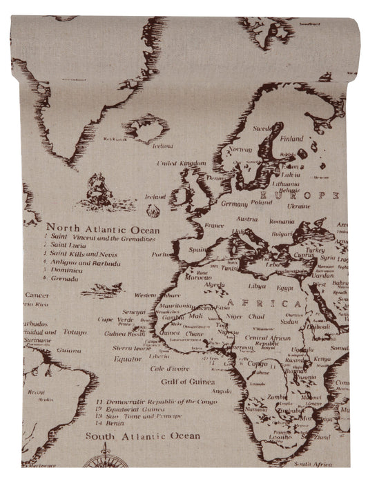 Chemin de table en coton carte de voyage pour décoration de fête beige imprimé monde