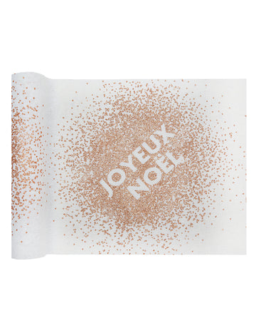 Bijeli pamučni nadstolnjak s ružičasto-zlatnim šljokicama i natpisom "Sretan Božić", 3 m x 28 cm cm