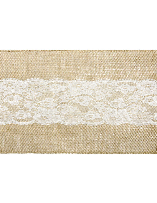 Chemin de table en jute centre dentelle naturel et blanc découpable