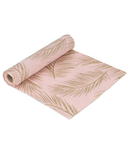 Nadstolnjak od lana u puderasto ružičastoj boji sa zlatnim papratima 28 cm x 5 m tropski