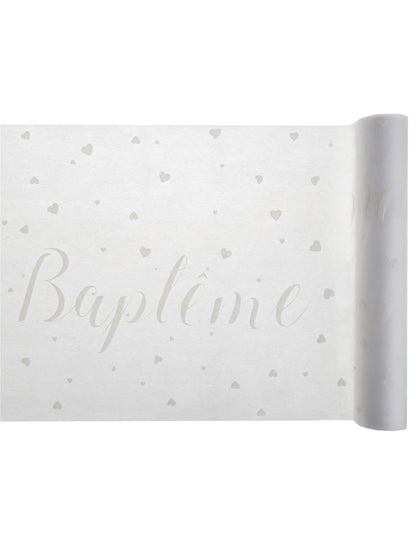 Chemin de table intissé baptême blanc à cœurs gris