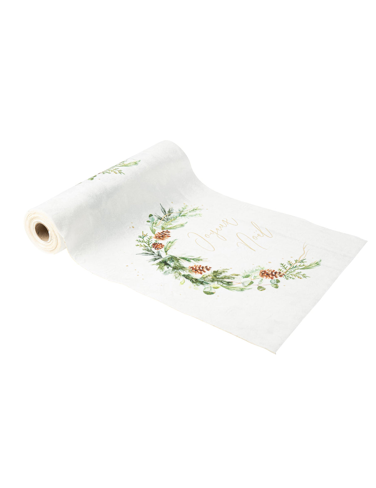 Chemin de table forêt enchantée pour Noël blanc en velours avec motifs et texte joyeux noël