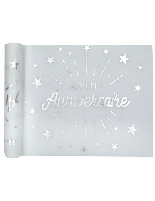 Chemin de table intissé anniversaire pour fête blanc et argent avec étoiles