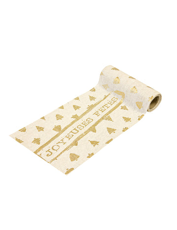 Stolnjak Sretni blagdani od platna u prirodnoj zlatnoj boji, 4m x 14m cm Motivi božićnog drvca