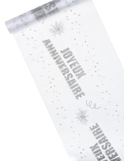 Chemin de table organza Joyeux anniversaire argent pailleté
