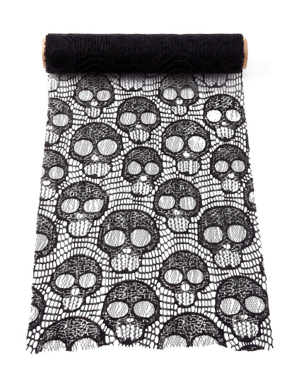 Stolna traka s motivom lubanje od crne čipke 28 cm x 3 m