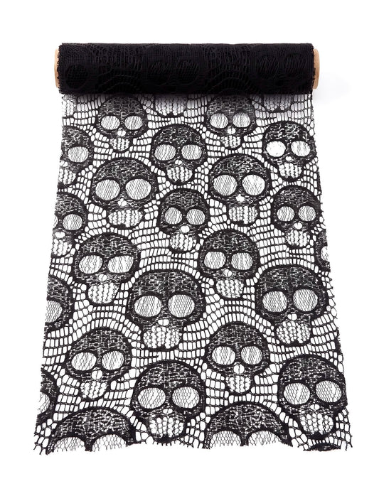 Stolna traka s motivom lubanje od crne čipke 28 cm x 3 m
