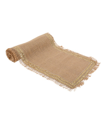 Stolnjak od sužene jute s dvostrukim zlatnim šljokicama u obrubu 30 cm x 3 m za vjenčanje