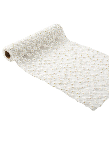 Vezeni bijelo-zlatni voile nadstolnjak, 24 cm x 3 m, s cvijećem