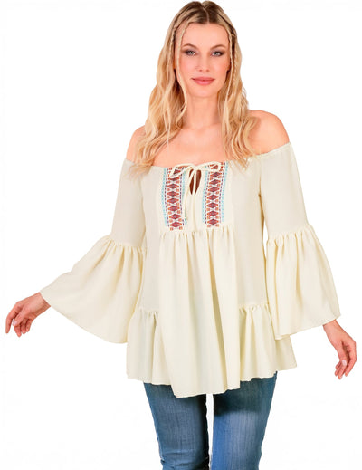 Chemise années 60 hippie pour femme ivoire avec broderies ethniques et manches évasées