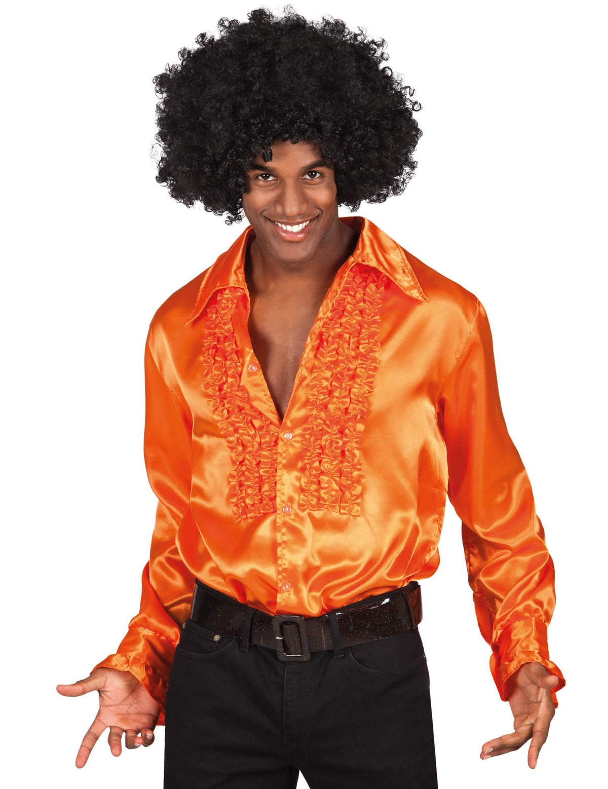 Chemise disco pour homme orange satinée à jabot