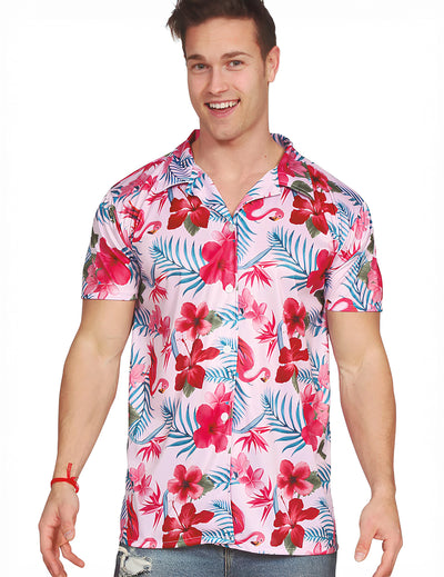 Chemise hawaïenne flamant rose pour adulte rose à fleurs d'hibiscus et motifs tropicaux