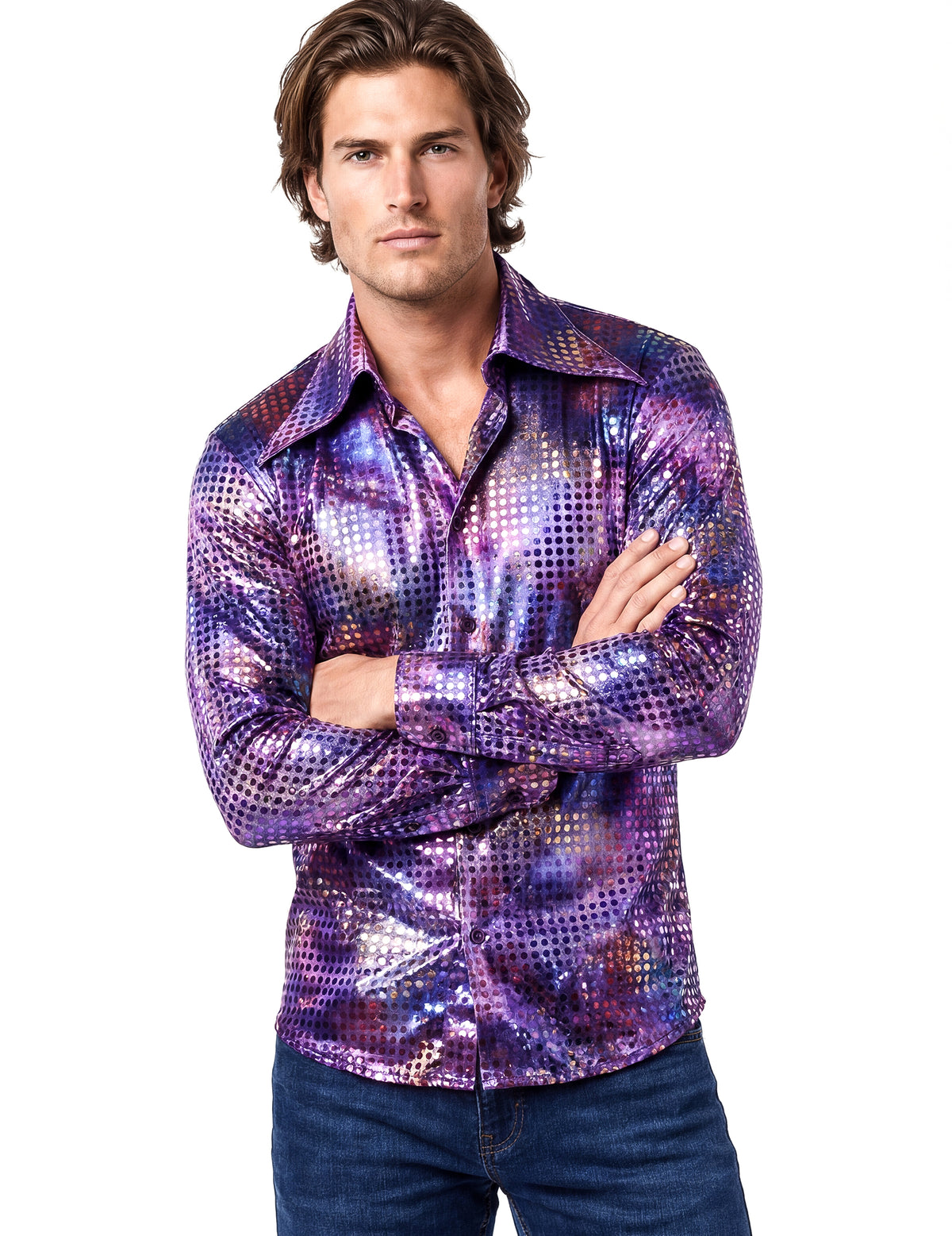 Vue de face avec bras croisés de la chemise disco pour homme