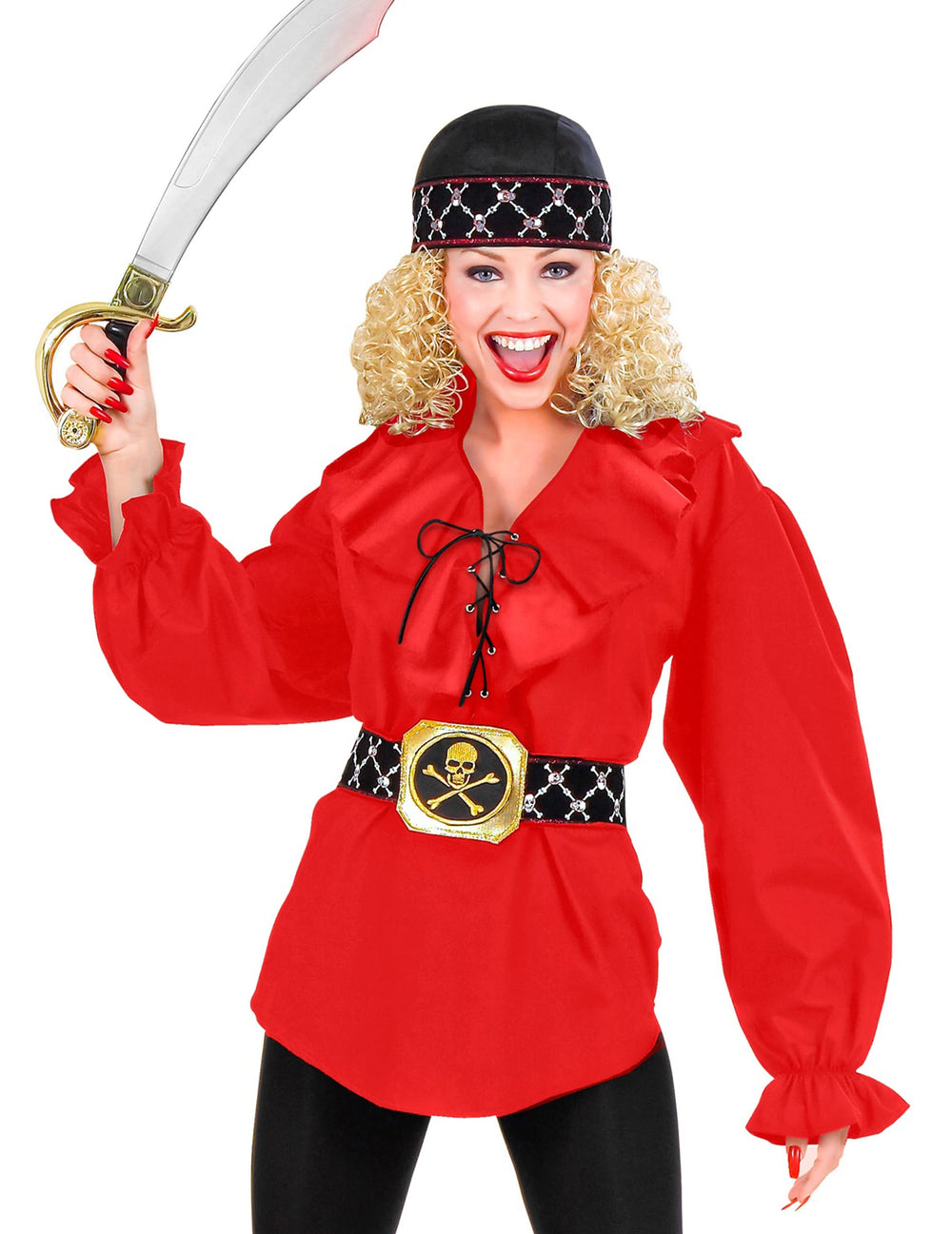 Accessoires et sabre portés avec la chemise de pirate pour femme