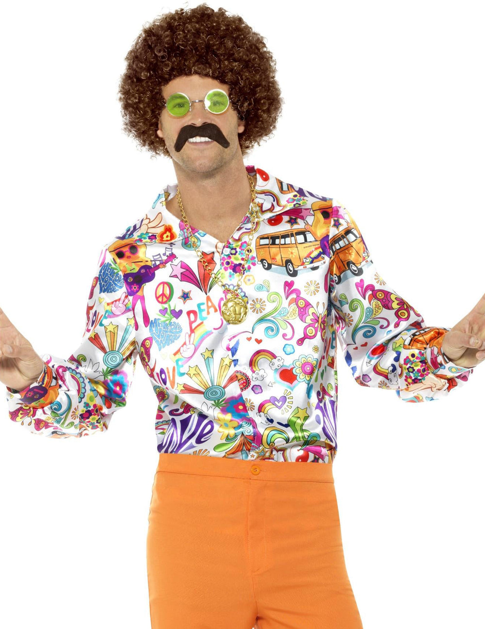 Chemise satinée hippie années 60 pour homme blanche multicolore à motifs psychédéliques