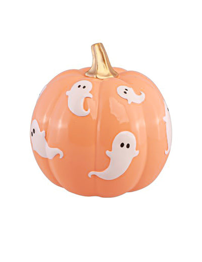Dekorativna bundeva Summerween od smole u pastelno narančastim bojama s duhovima 14,5 x 14,5 x 14,8 cm