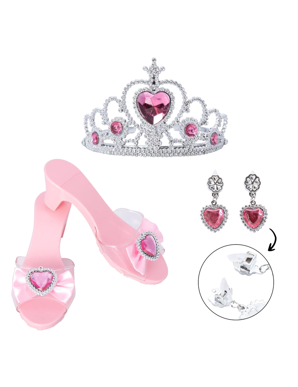 Vue de l'ensemble rose avec détail des boucles d'oreilles du coffret accessoires princesses pour enfant