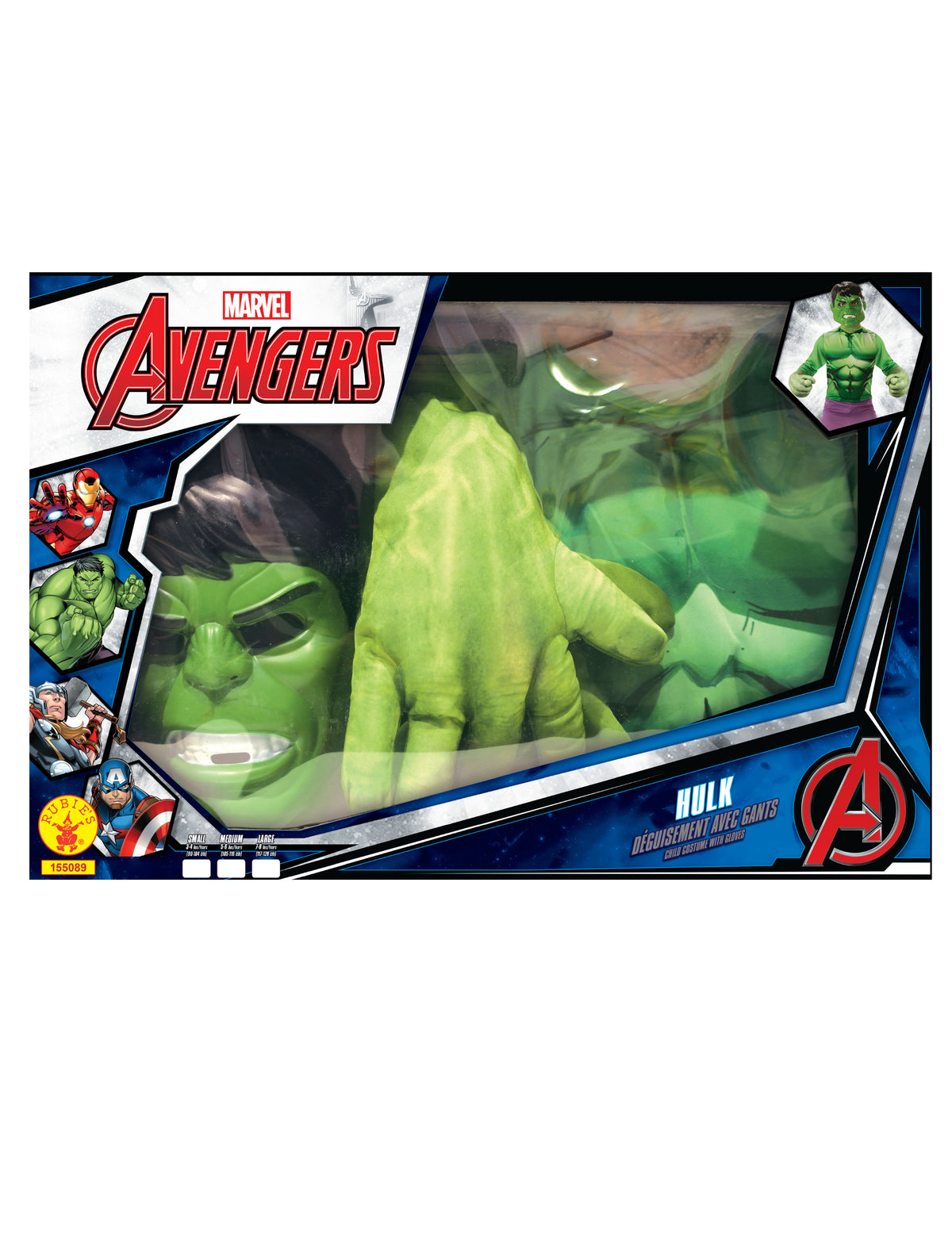 Vue du packaging avec masque et gants du coffret classique Hulk avec gants géants pour garçon