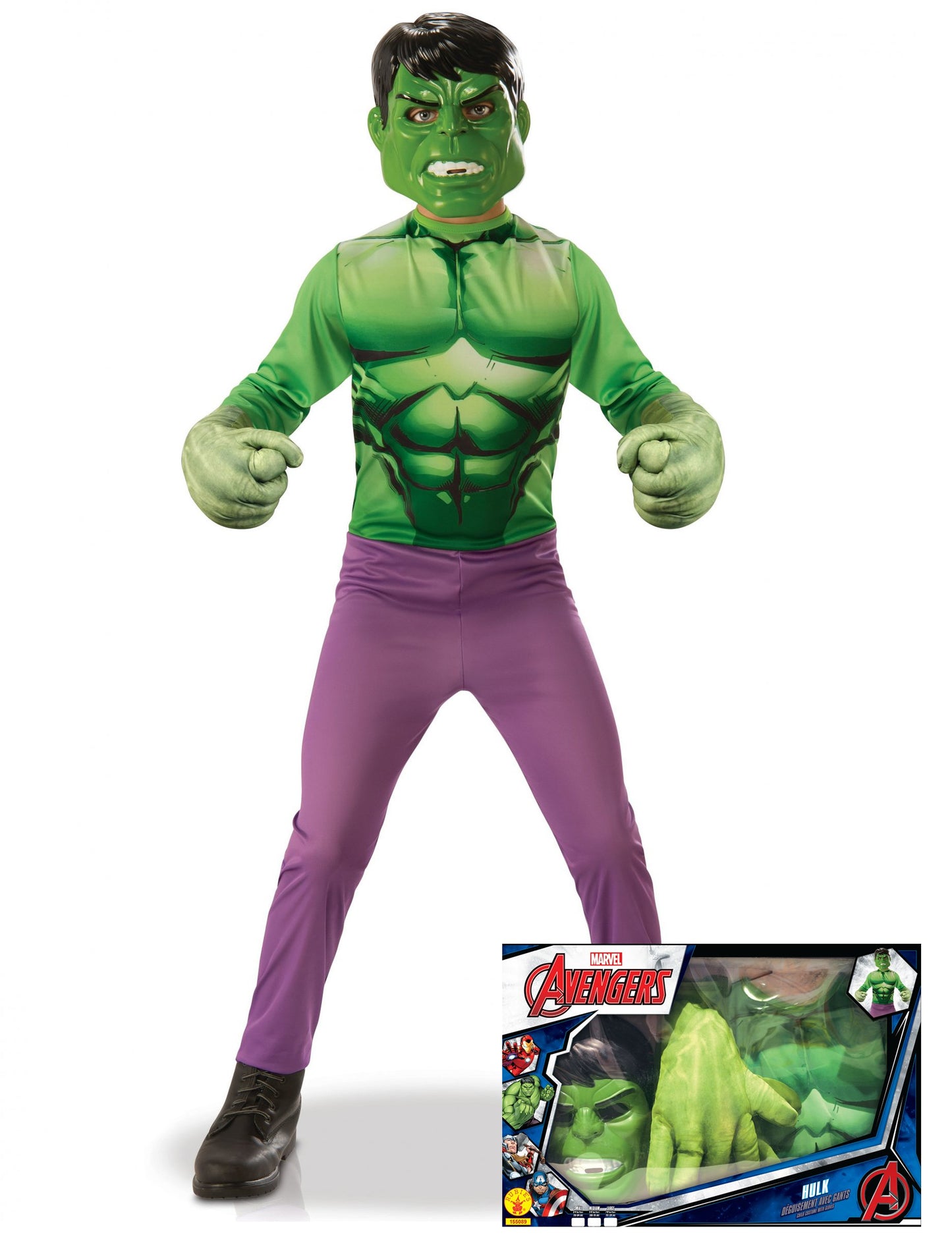 Coffret de déguisement Hulk pour garçon vert et violet avec gants géants