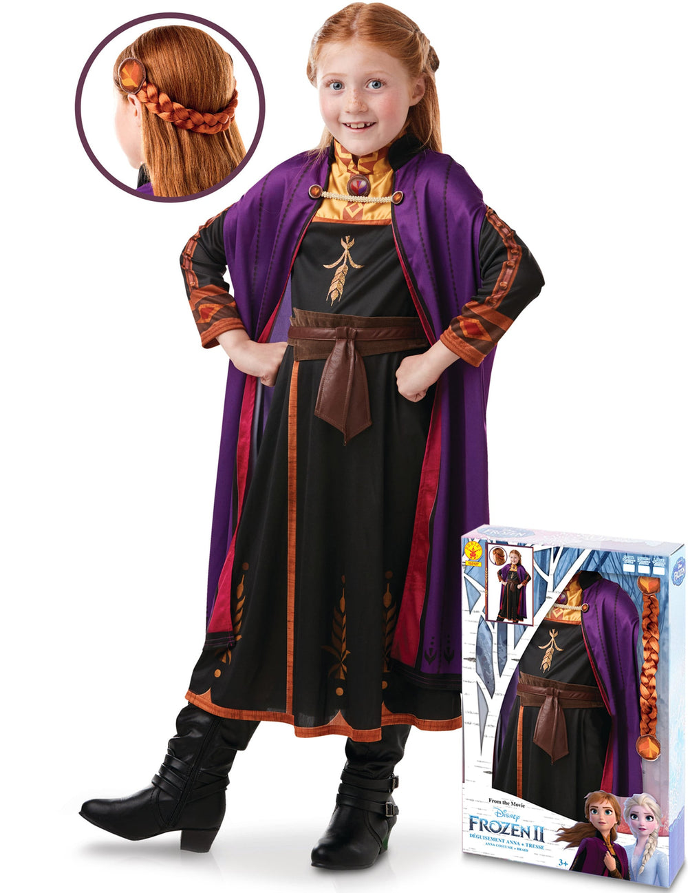 Coffret déguisement et tresse Anna La reine des neiges 2 pour fille noir et violet avec cape