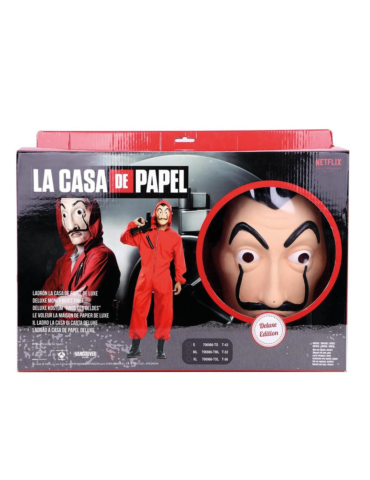 Pogled na pakiranje kostima i luksuzne maske La Casa de Papel za odrasli