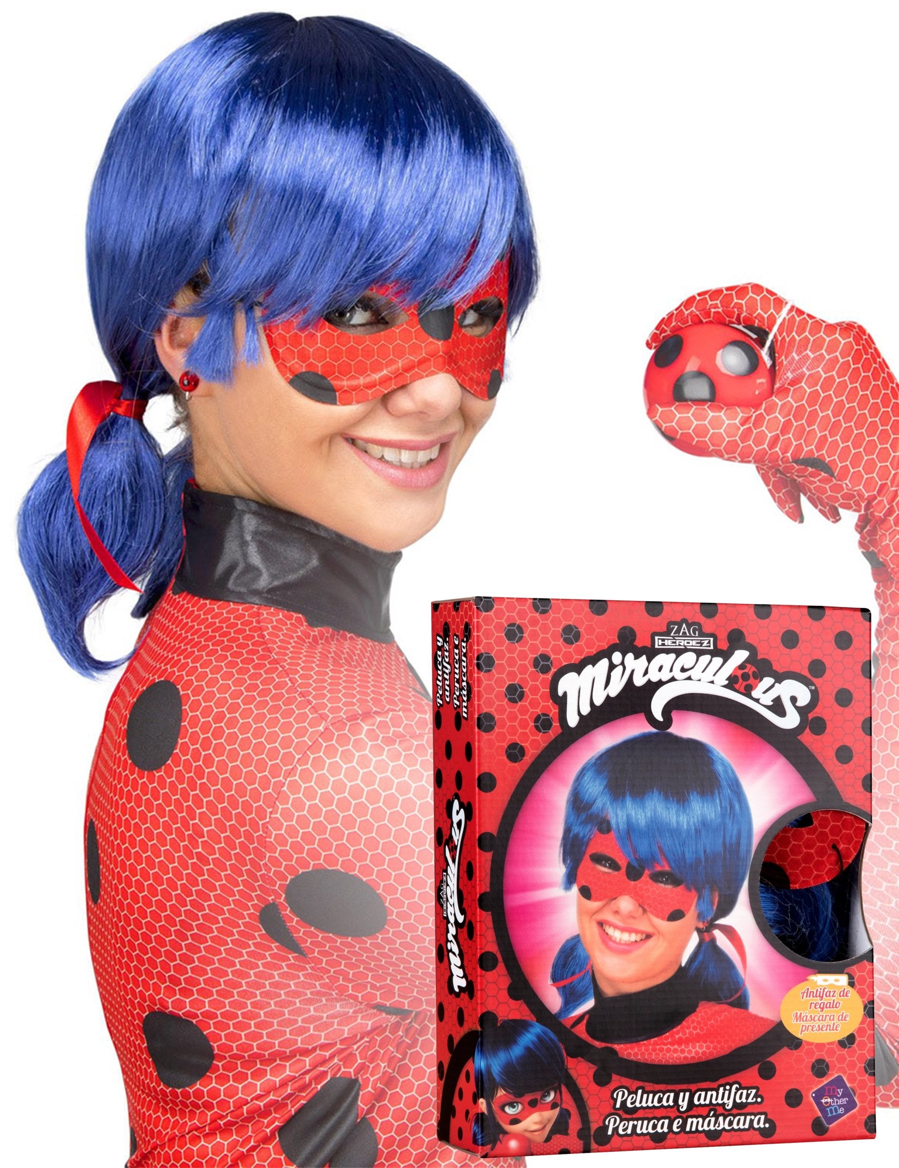 Coffret perruque et masque Ladybug pour adulte bleu et rouge à pois noirs