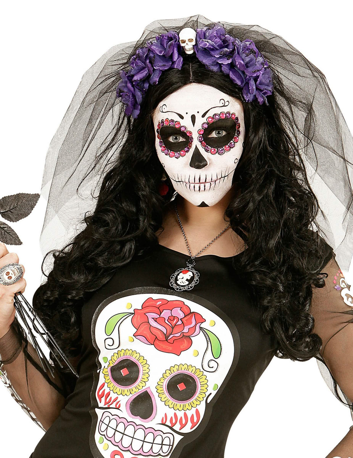 Kapa s ljubičastim cvijećem s lubanjom Dia de los muertos za ženu, ljubičasta i crna s velom