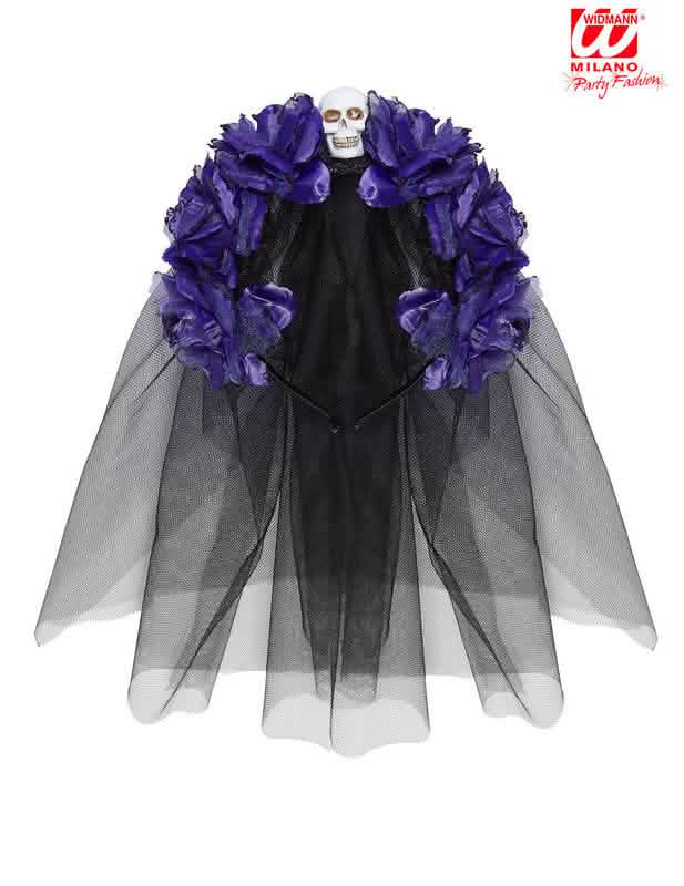 Pogled na veo pokrivala ljubičastih cvjetova sa lubanjom Dia de los muertos