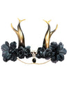 Coiffe gothique avec tête de mort pour femme noire et dorée avec cornes et fleurs