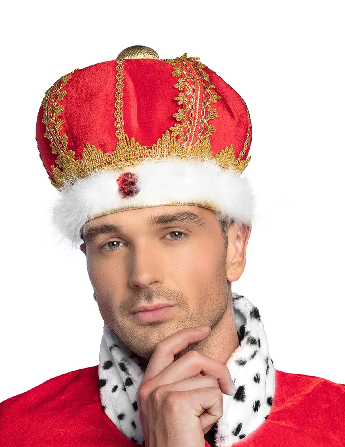 Coiffe de roi pour adulte rouge et dorée avec fourrure blanche