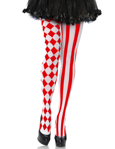 Collants arlequin pour femme rouge et blanc à losanges et rayures