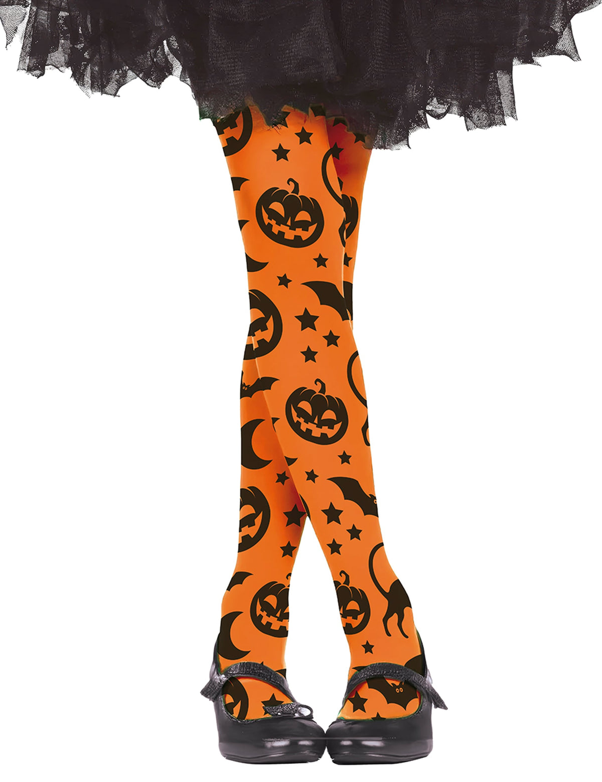 Collants citrouilles pour enfant orange et noir avec chauves-souris et étoiles