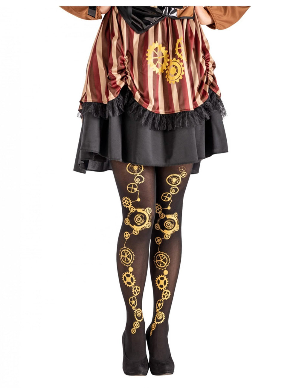 steampunk čarape za žena crna s uzorcima zlatnih zupčanika