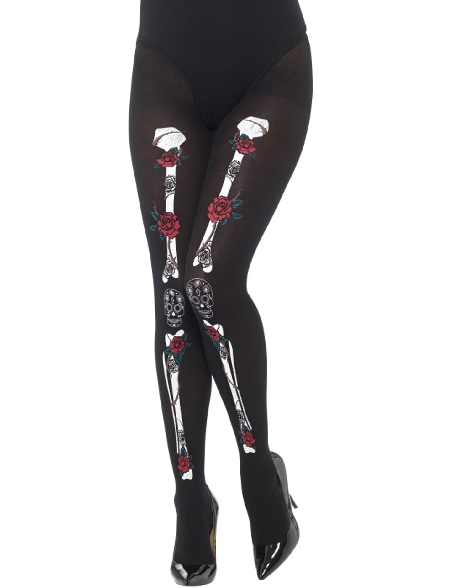 Collants squelette Dia de los muertos pour adulte noirs avec motifs os et roses rouges
