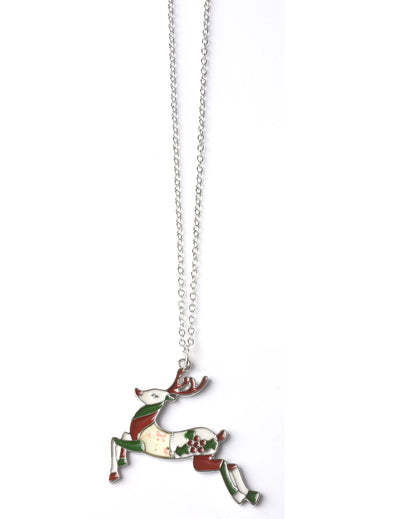 Collier fantaisie renne de Noël pour adulte argenté avec pendentif rouge et vert