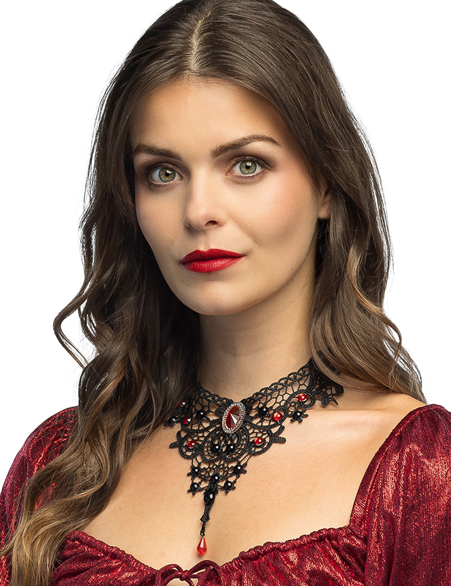Collier Vampire pour femme en dentelle noire et pierres précieuses rouges
