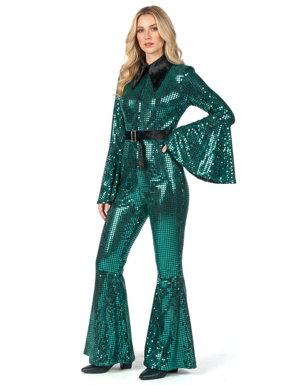Combinaison femme disco turquoise avec ceinture haut de gamme