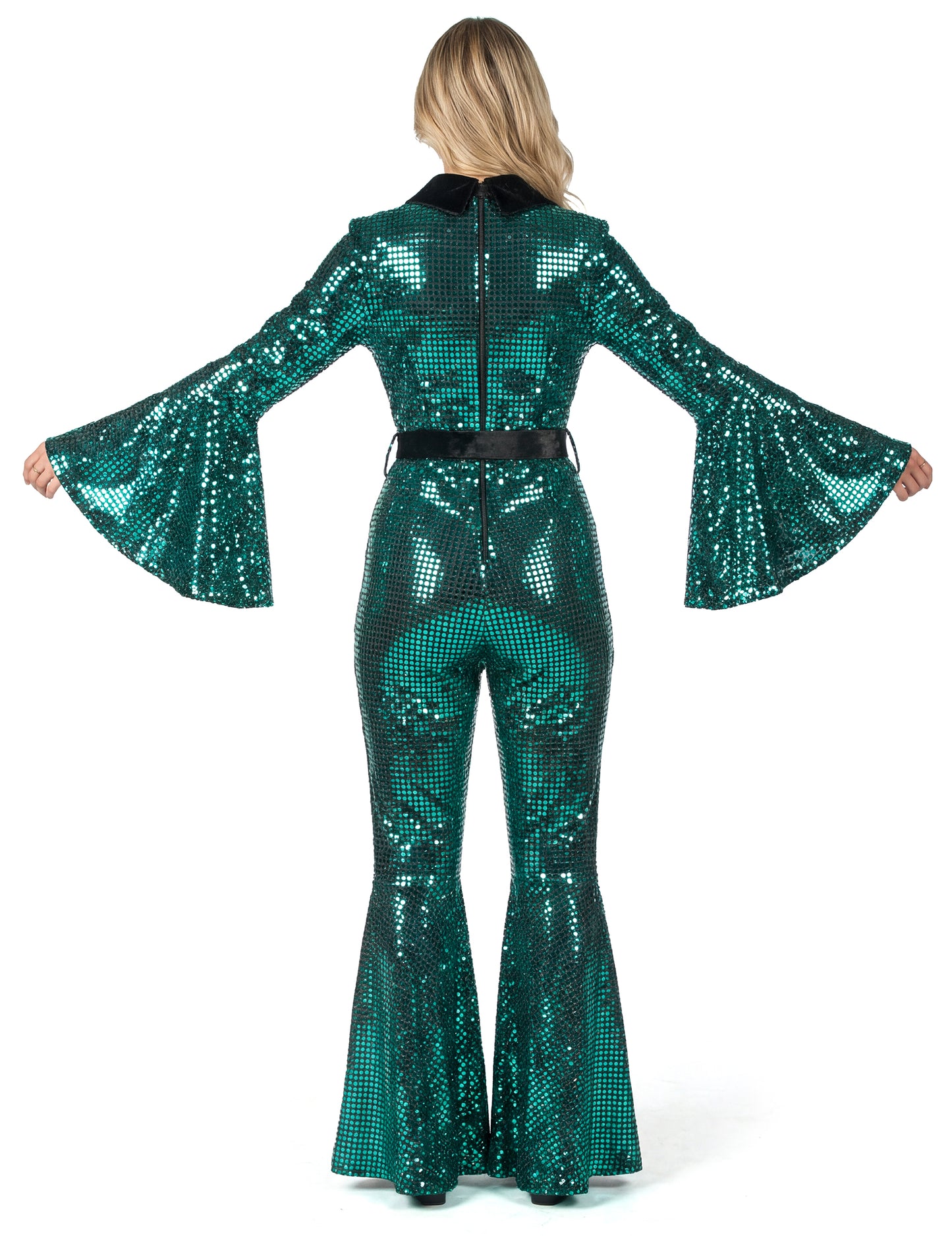 Combinaison femme disco turquoise avec ceinture haut de gamme