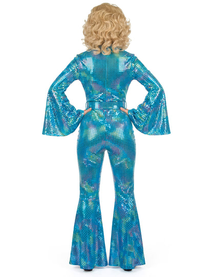 Vue de dos de la combinaison disco pour femme turquoise haut de gamme à sequins