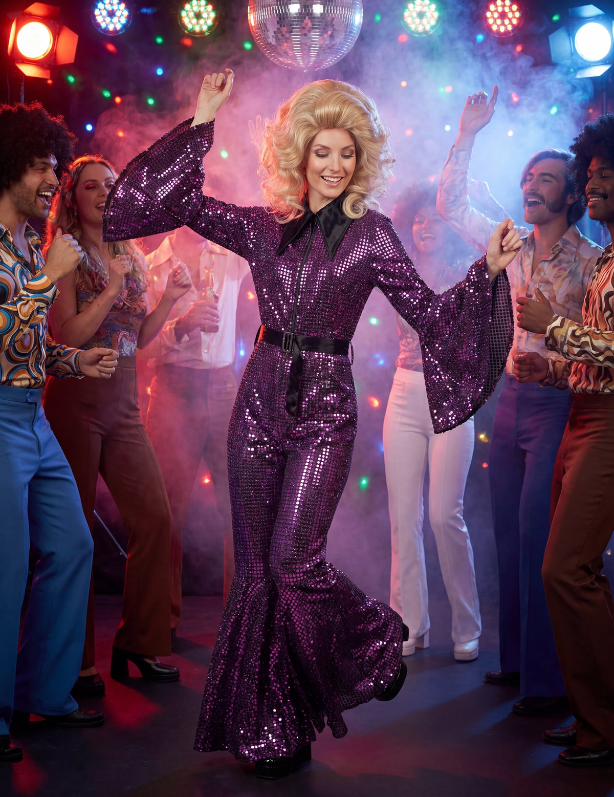 Mise en situation festive de la combinaison disco pour femme violette avec ceinture