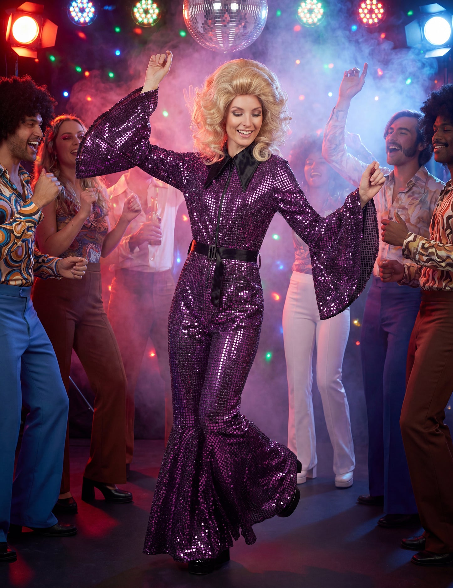 Ženski ljubičasti disko kombinezon s luksuznim remenom