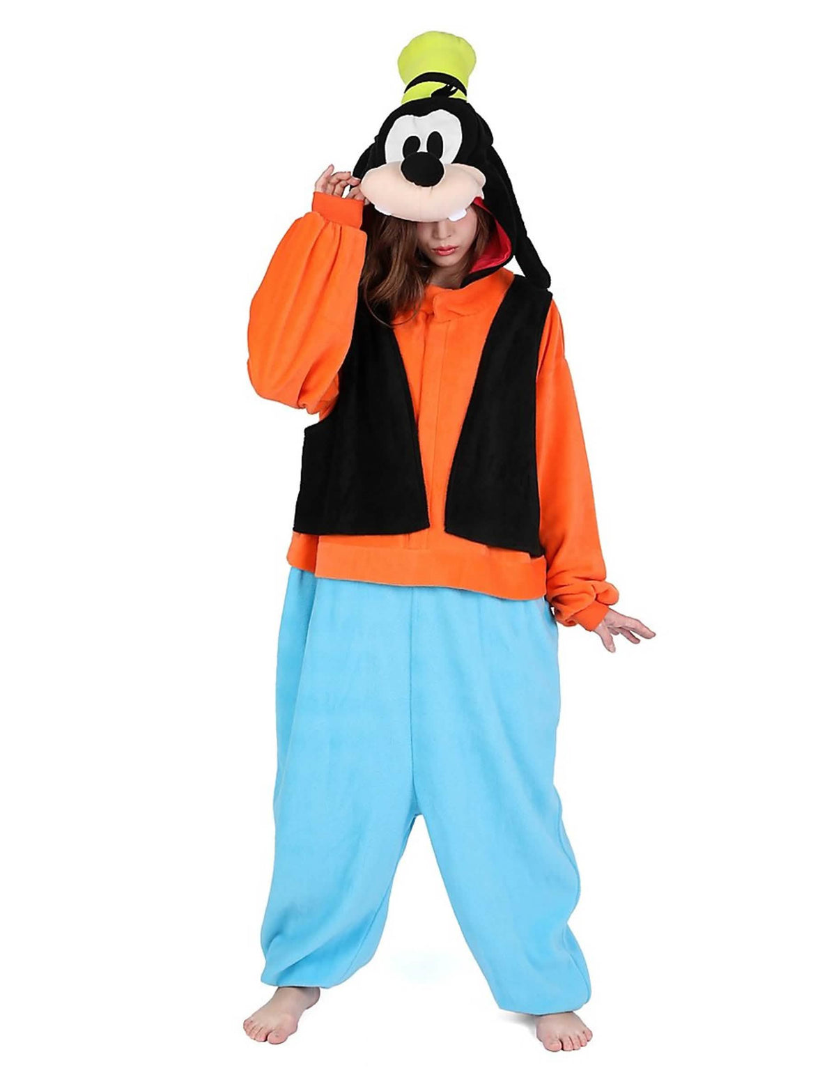 Kombinezon kigurumi Dingo za odrasli narančasta plava i crna sa zelenom kapom