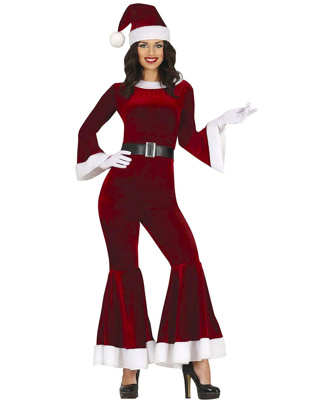Combinaison velours Mère Noël pour femme rouge et blanc avec ceinture et bonnet
