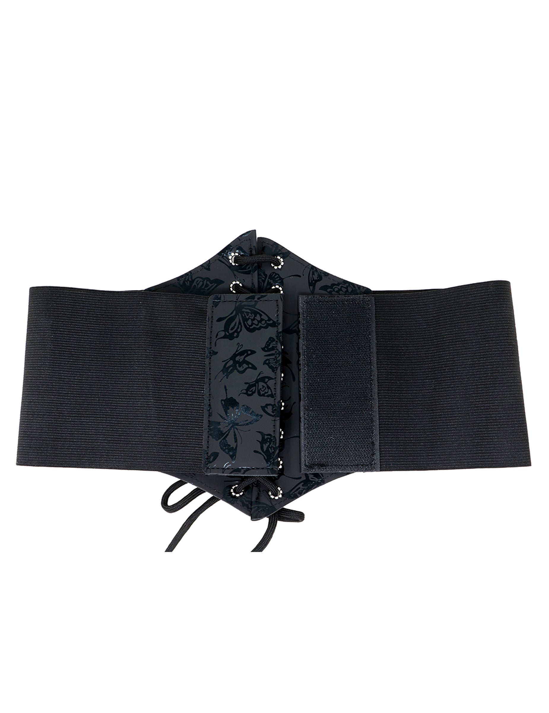 Détail du système de fermeture à scratch du corset élastique motif papillon