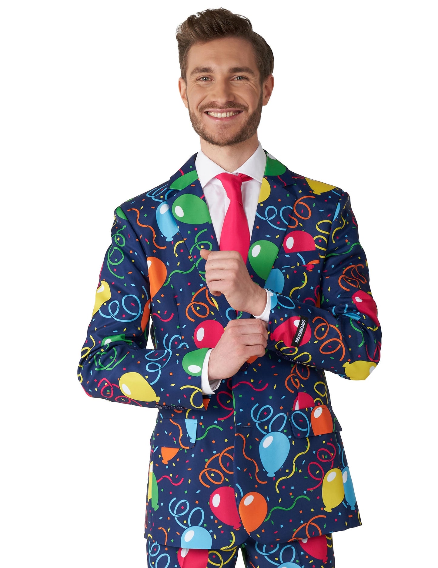 Gros plan sur la veste et la cravate du costume Mr. Balloons pour homme Suitmeister™