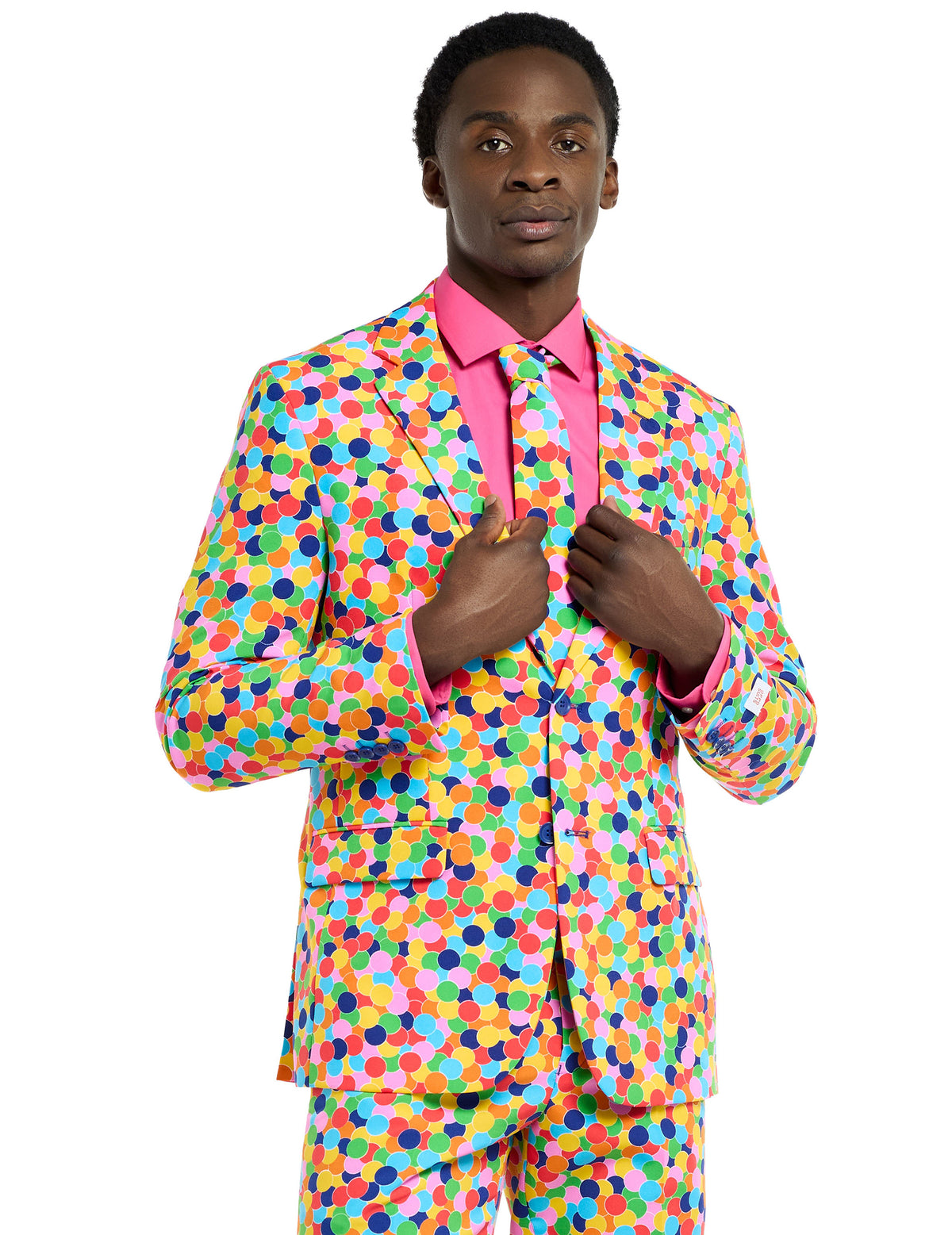 Détail de la veste et de la cravate du costume Mr. Confetteroni Opposuits pour homme