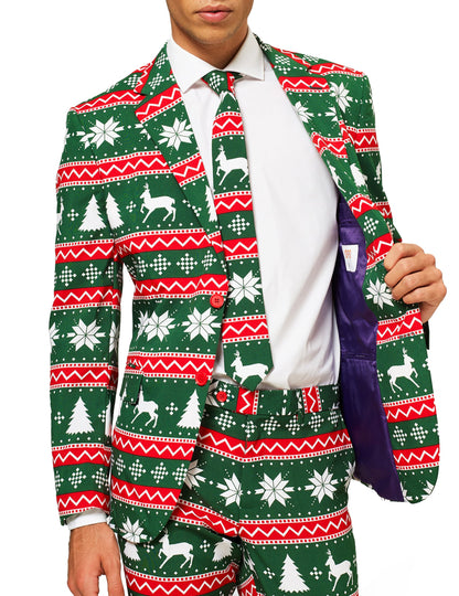 Costume Mr. Festive pour homme vert avec motifs de Noël rennes et sapins