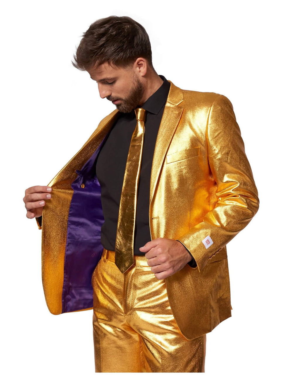 Detalj ljubičaste podstave jakne kostima Mr. Groovy Gold Opposuits za muškarac